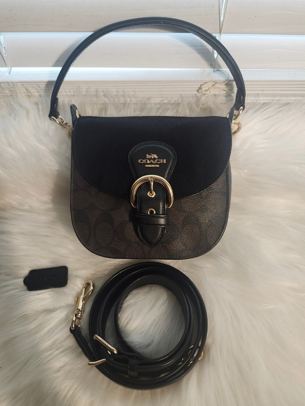 Coach Black and Brown Signature Saddle Crossbody Bag